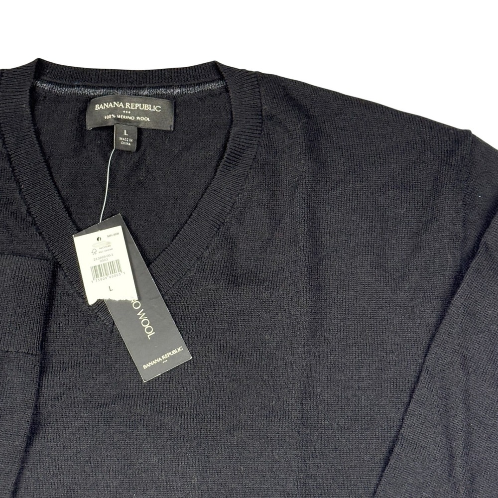 Banana Republic Mens Black 100% Merino Wool V-Neck Sweater Size L NWT